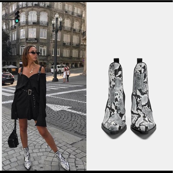 Zara Black and White Snake Print Ankle Boots - Picture 2 of 11